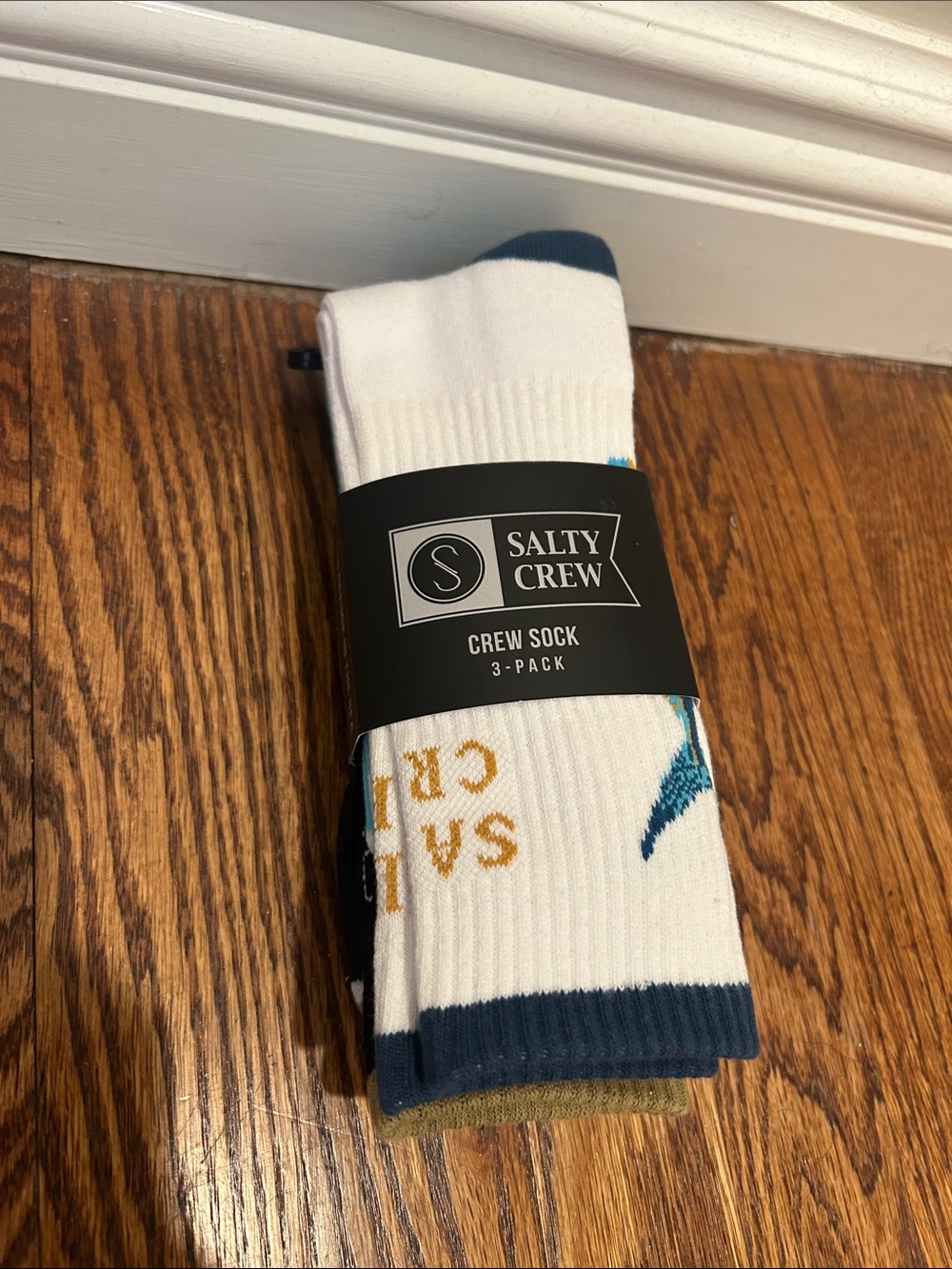 Salty Crew White Crew Socks with Navy & Gold Accents - 3 Pack